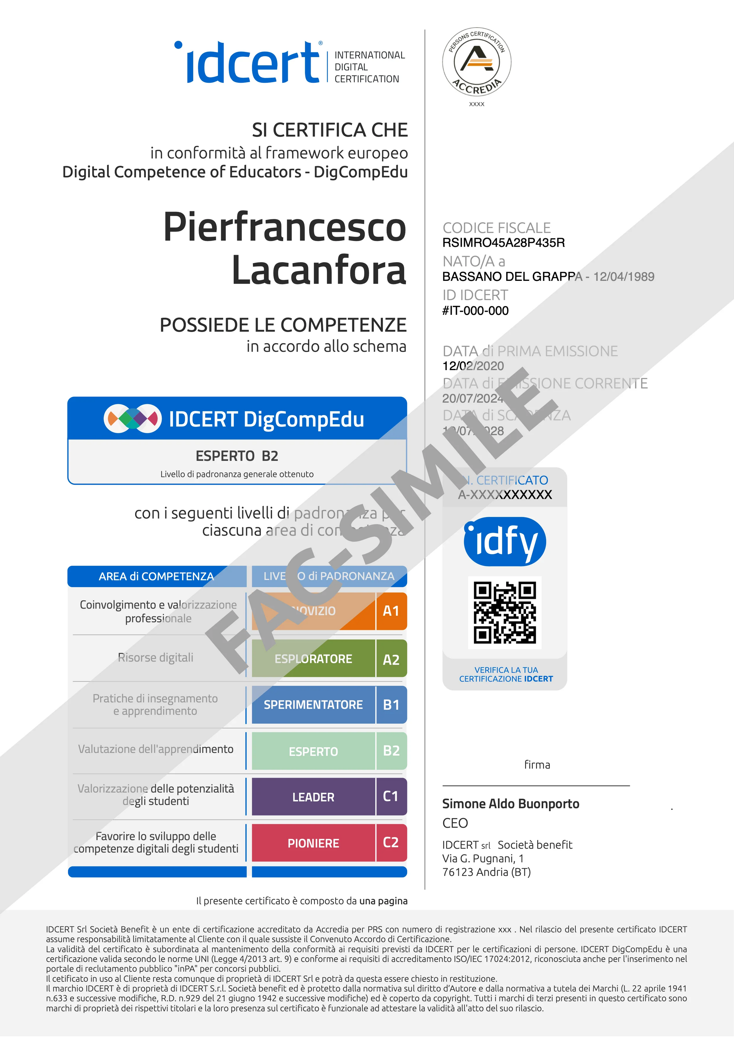 IDCERT DigCompEdu – 2 Punti GPS 2026 | Certificazione Accreditata Accredia per Docenti