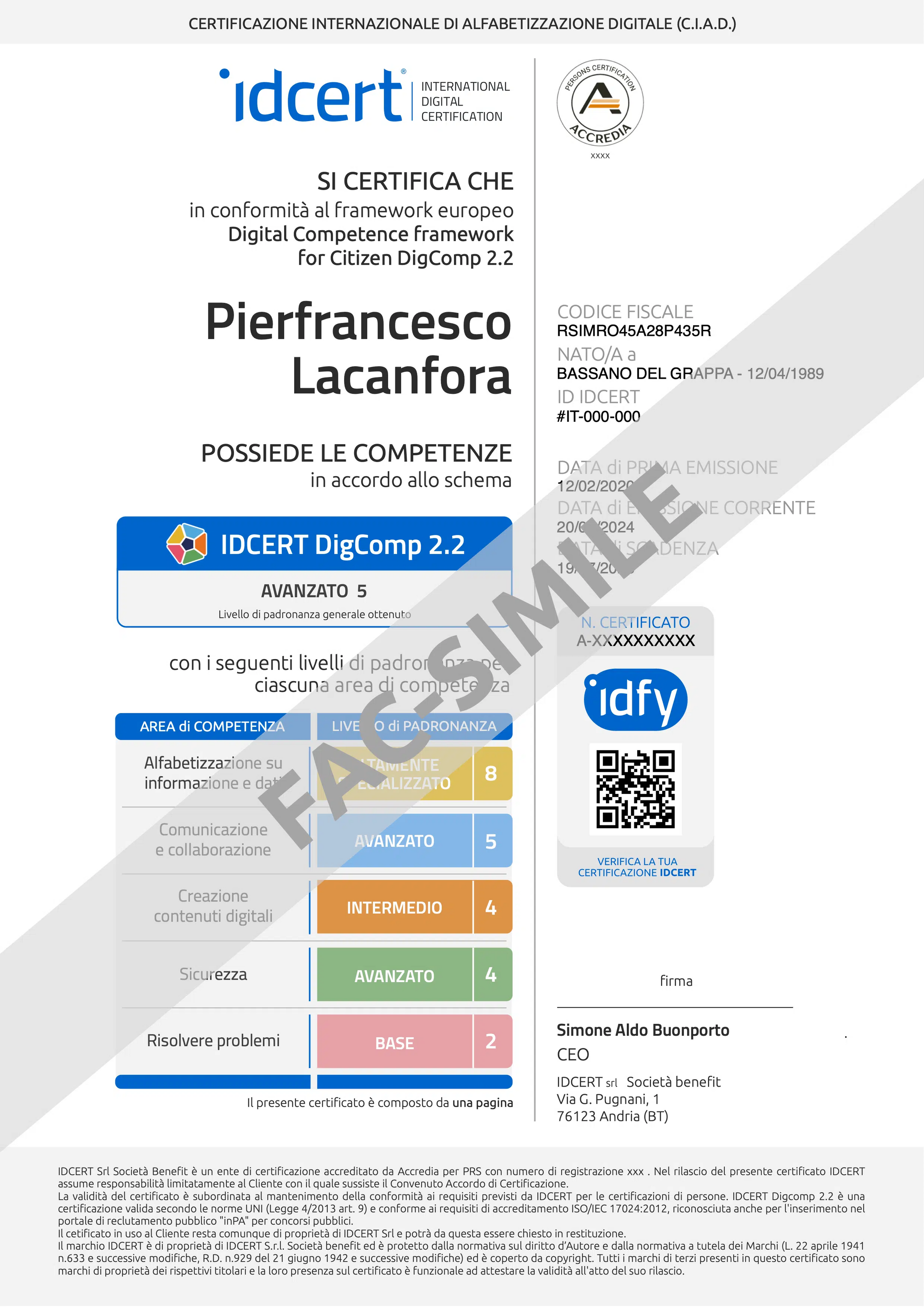 IDCERT DigComp 2.2 – 1 Punto GPS 2026 - Certificazione accreditata Accredia (CIAD)